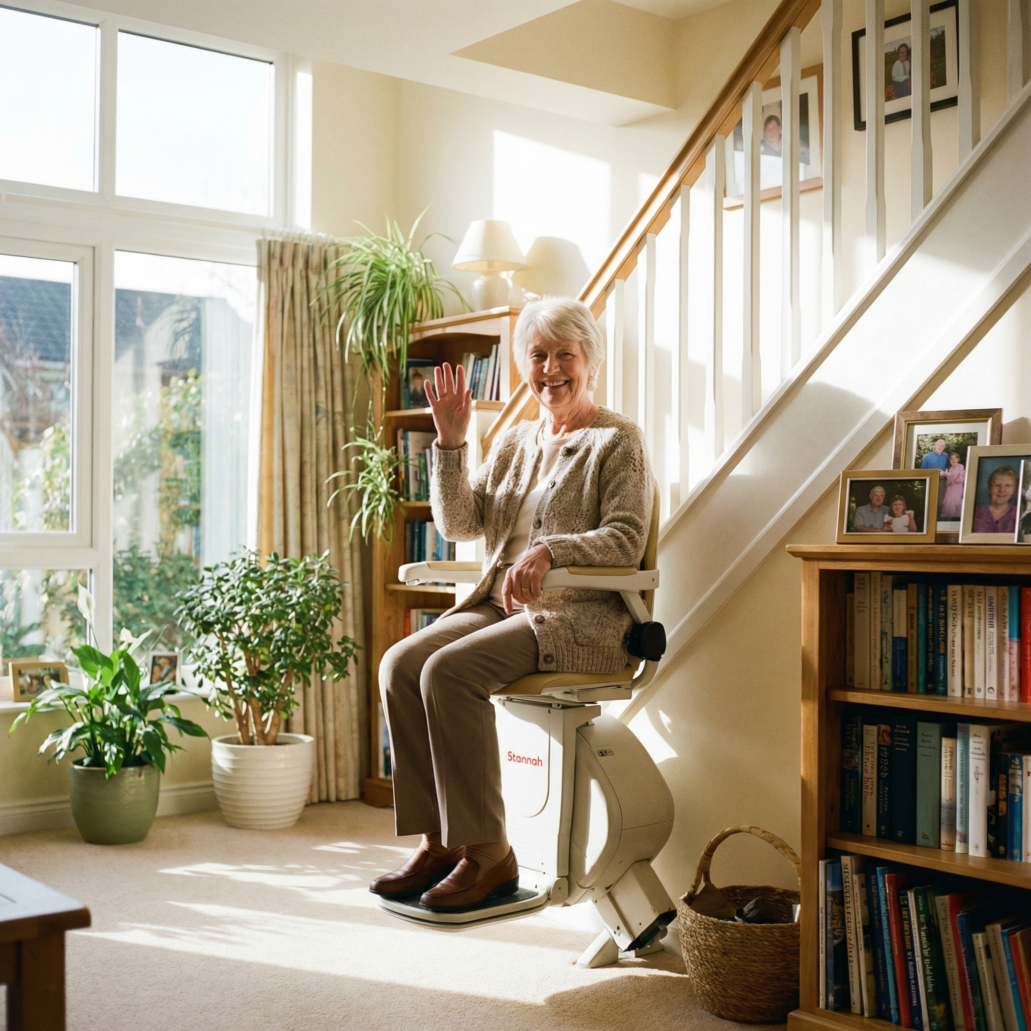 Ältere Person auf Treppenlift, lächelnd in hellem Zuhause